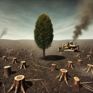 Impatto della desertificazione, deforestazione e foreste in pericolo: albero isolato in un paesaggio arido e animali in fuga